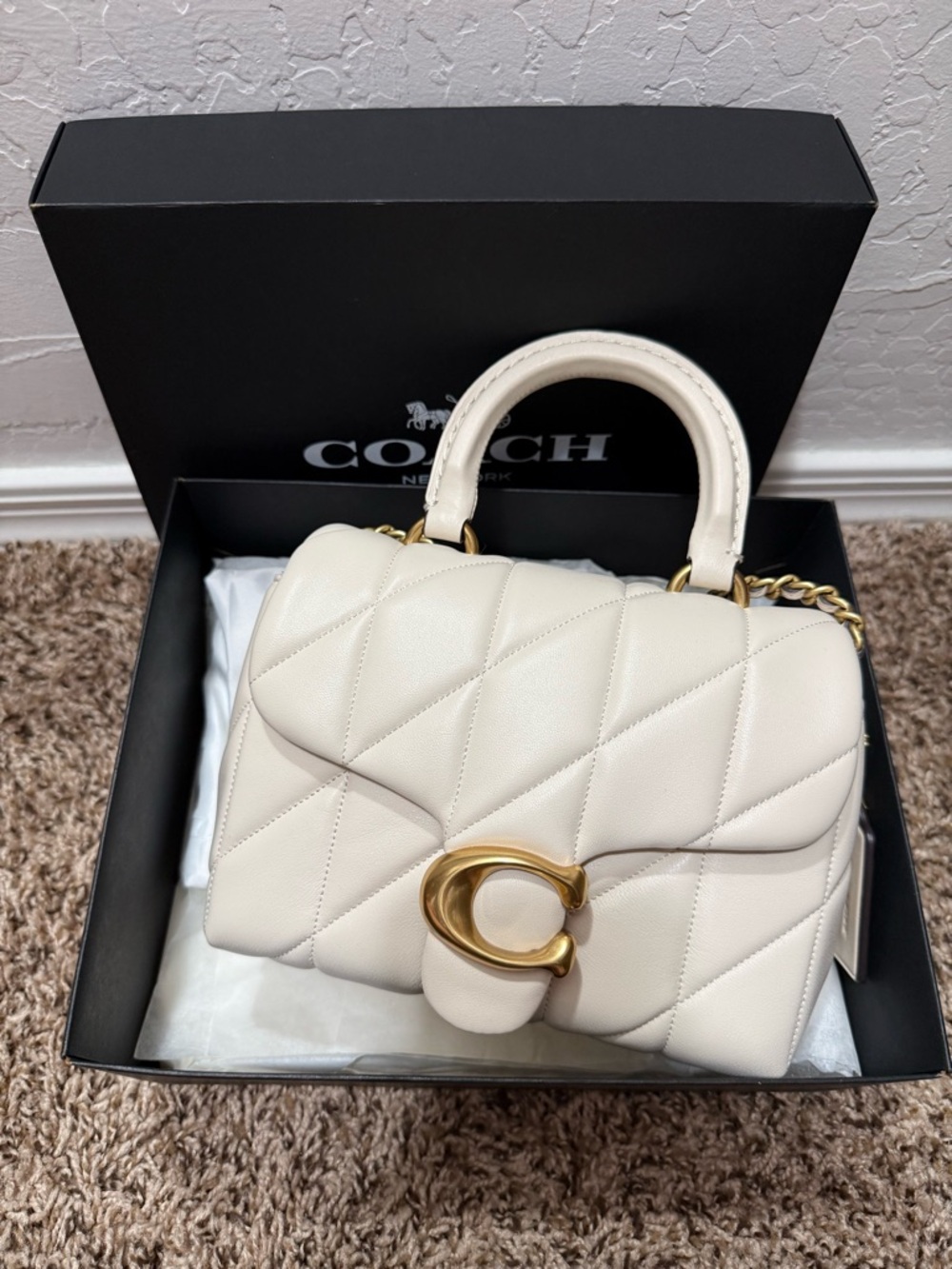 Coach Quilted Mini Top-Handle Bag in Cream with Gold Hardware